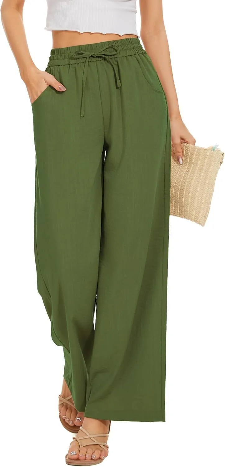 Women Pants Flowy Pants Drawstring Waist Wide Leg Palazzo Beach Pants Loose Fit with Pockets