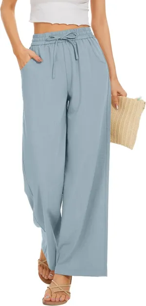 Women Pants Flowy Pants Drawstring Waist Wide Leg Palazzo Beach Pants Loose Fit with Pockets