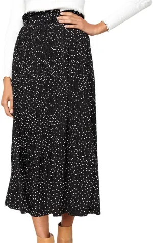 Women Pleated Skirt Ruffled A Line Ladies Long Skirt High Waist Skirts with Pockets