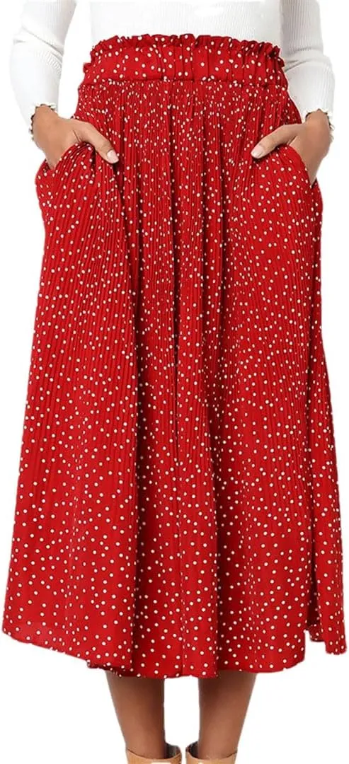 Women Pleated Skirt Ruffled A Line Ladies Long Skirt High Waist Skirts with Pockets