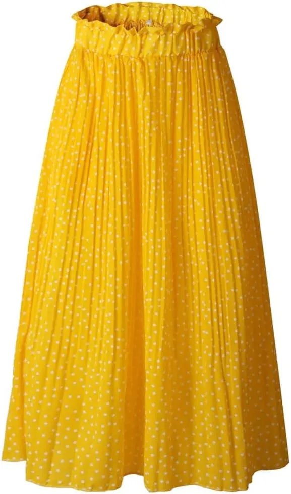 Women Pleated Skirt Ruffled A Line Ladies Long Skirt High Waist Skirts with Pockets