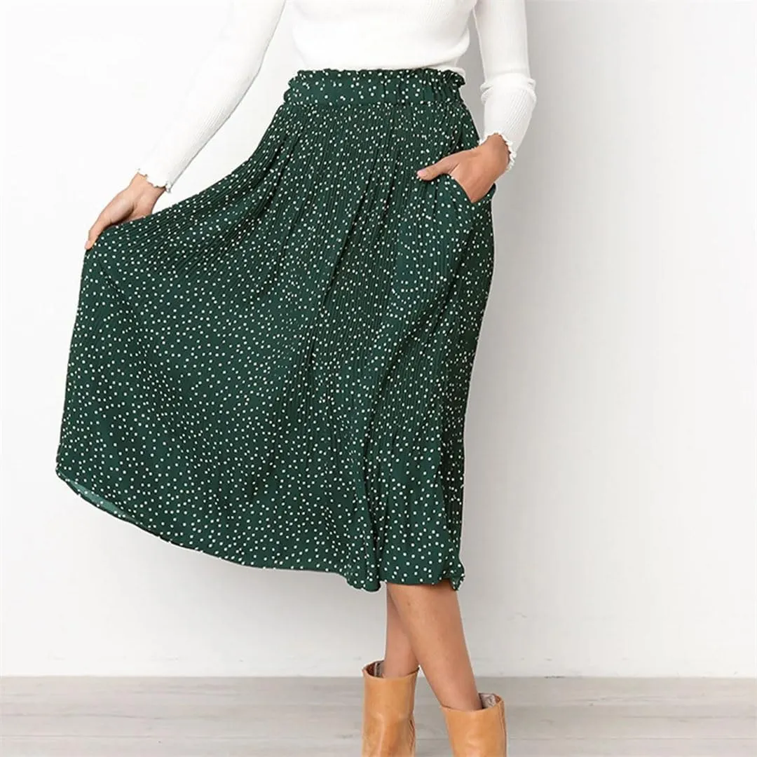 Women Pleated Skirt Ruffled A Line Ladies Long Skirt High Waist Skirts with Pockets