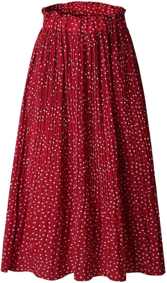 Women Pleated Skirt Ruffled A Line Ladies Long Skirt High Waist Skirts with Pockets