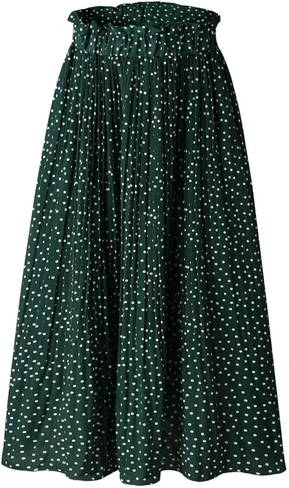 Women Pleated Skirt Ruffled A Line Ladies Long Skirt High Waist Skirts with Pockets