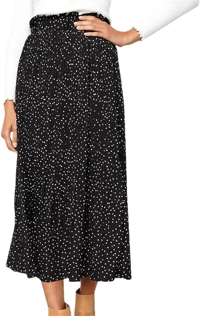 Women Pleated Skirt Ruffled A Line Ladies Long Skirt High Waist Skirts with Pockets