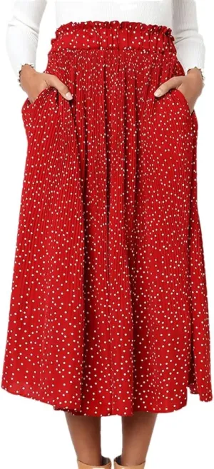 Women Pleated Skirt Ruffled A Line Ladies Long Skirt High Waist Skirts with Pockets