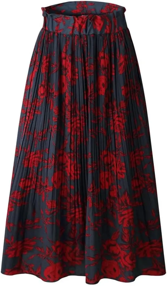 Women Pleated Skirt Ruffled A Line Ladies Long Skirt High Waist Skirts with Pockets
