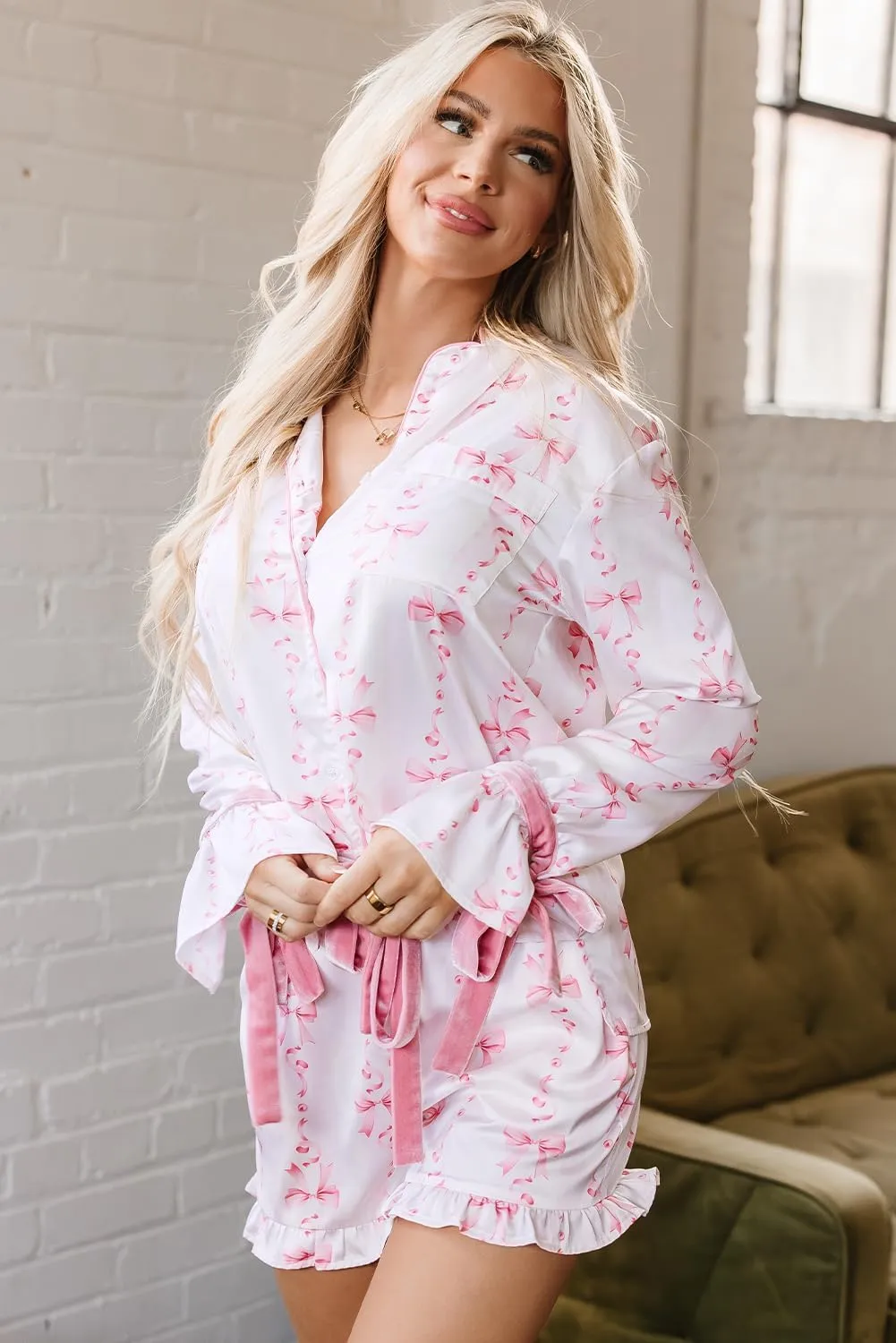Women Satin Pajama Set Bowtie Bell Sleeve Shirt and Ruffled Shorts Lounge Set Sleepwear Loungewear with Ribbon