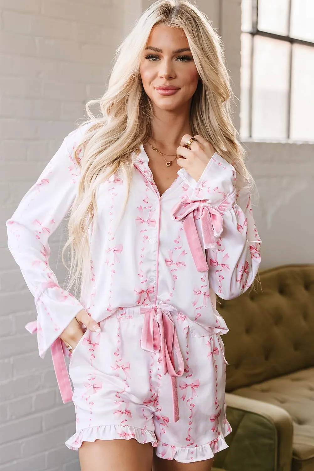 Women Satin Pajama Set Bowtie Bell Sleeve Shirt and Ruffled Shorts Lounge Set Sleepwear Loungewear with Ribbon