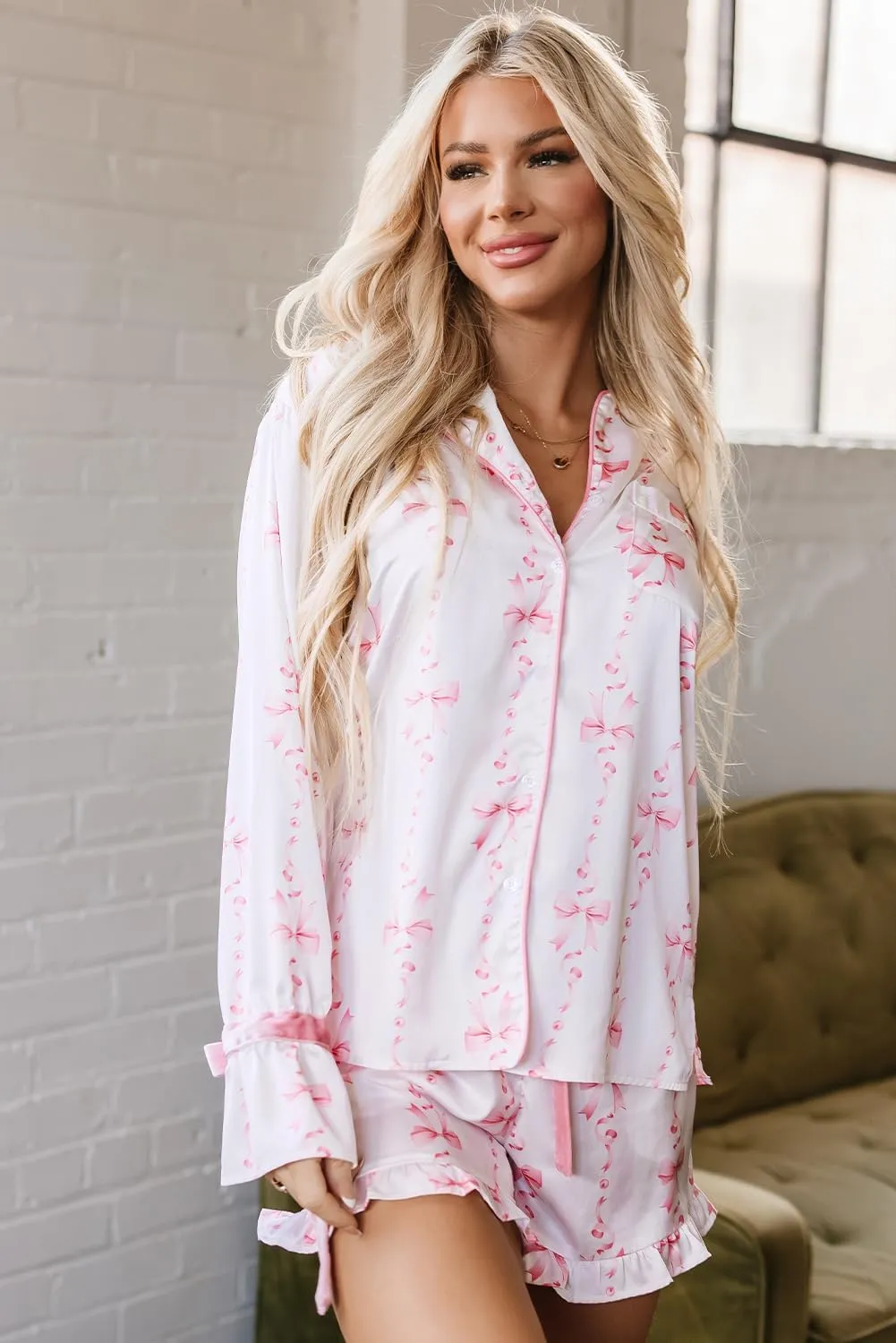 Women Satin Pajama Set Bowtie Bell Sleeve Shirt and Ruffled Shorts Lounge Set Sleepwear Loungewear with Ribbon