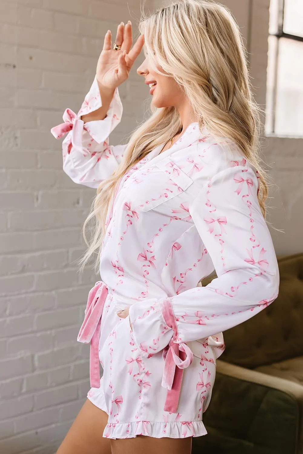 Women Satin Pajama Set Bowtie Bell Sleeve Shirt and Ruffled Shorts Lounge Set Sleepwear Loungewear with Ribbon