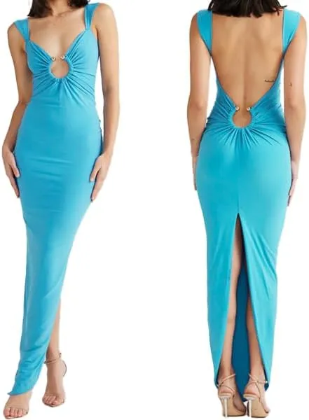 Women Sexy Backless Dress V Neck Sleeveless Bodycon Backless High Slit Maxi Long Party Cocktail Wedding Dress
