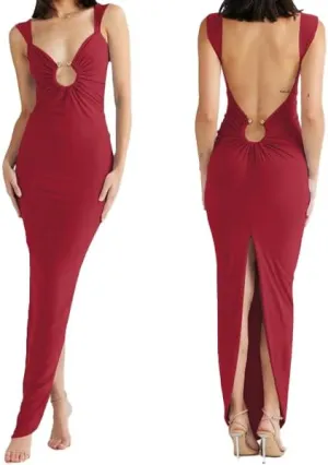 Women Sexy Backless Dress V Neck Sleeveless Bodycon Backless High Slit Maxi Long Party Cocktail Wedding Dress