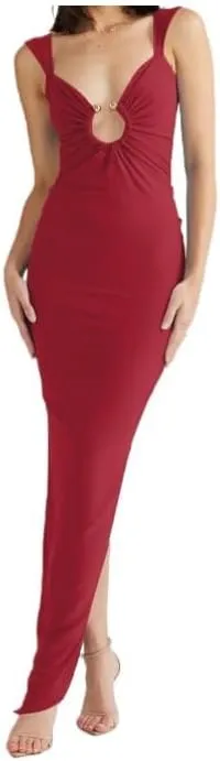 Women Sexy Backless Dress V Neck Sleeveless Bodycon Backless High Slit Maxi Long Party Cocktail Wedding Dress