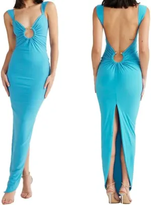 Women Sexy Backless Dress V Neck Sleeveless Bodycon Backless High Slit Maxi Long Party Cocktail Wedding Dress