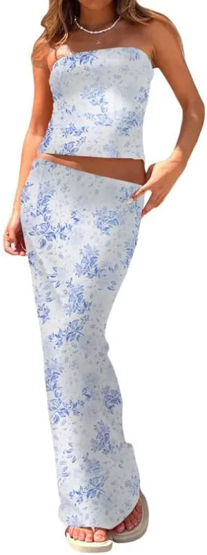 Women Sexy Two Piece Long Skirt Set Y2k Strapless Crop Tube Top Bodycon Maxi Skirt Suit Going Out Outfits Beach Wear