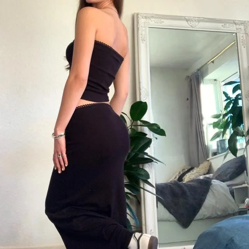 Women Sexy Two Piece Long Skirt Set Y2k Strapless Crop Tube Top Bodycon Maxi Skirt Suit Going Out Outfits Beach Wear