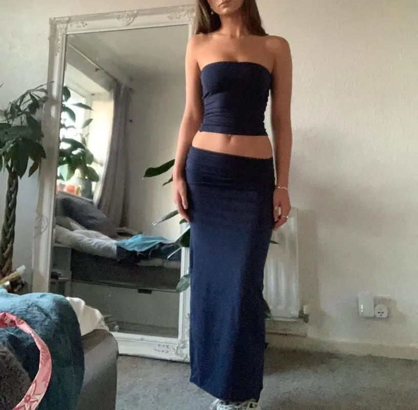 Women Sexy Two Piece Long Skirt Set Y2k Strapless Crop Tube Top Bodycon Maxi Skirt Suit Going Out Outfits Beach Wear