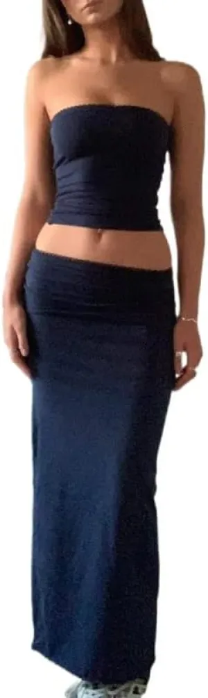 Women Sexy Two Piece Long Skirt Set Y2k Strapless Crop Tube Top Bodycon Maxi Skirt Suit Going Out Outfits Beach Wear