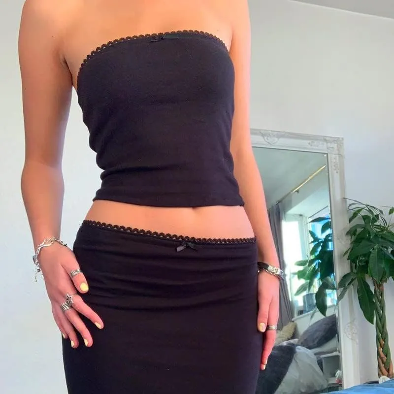 Women Sexy Two Piece Long Skirt Set Y2k Strapless Crop Tube Top Bodycon Maxi Skirt Suit Going Out Outfits Beach Wear