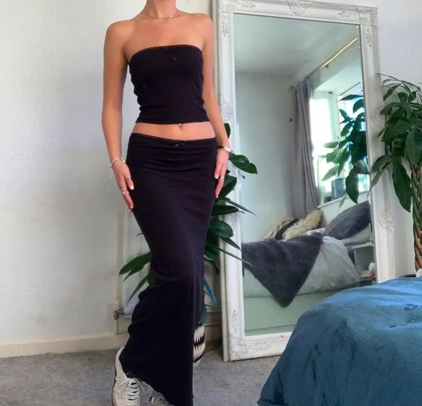 Women Sexy Two Piece Long Skirt Set Y2k Strapless Crop Tube Top Bodycon Maxi Skirt Suit Going Out Outfits Beach Wear
