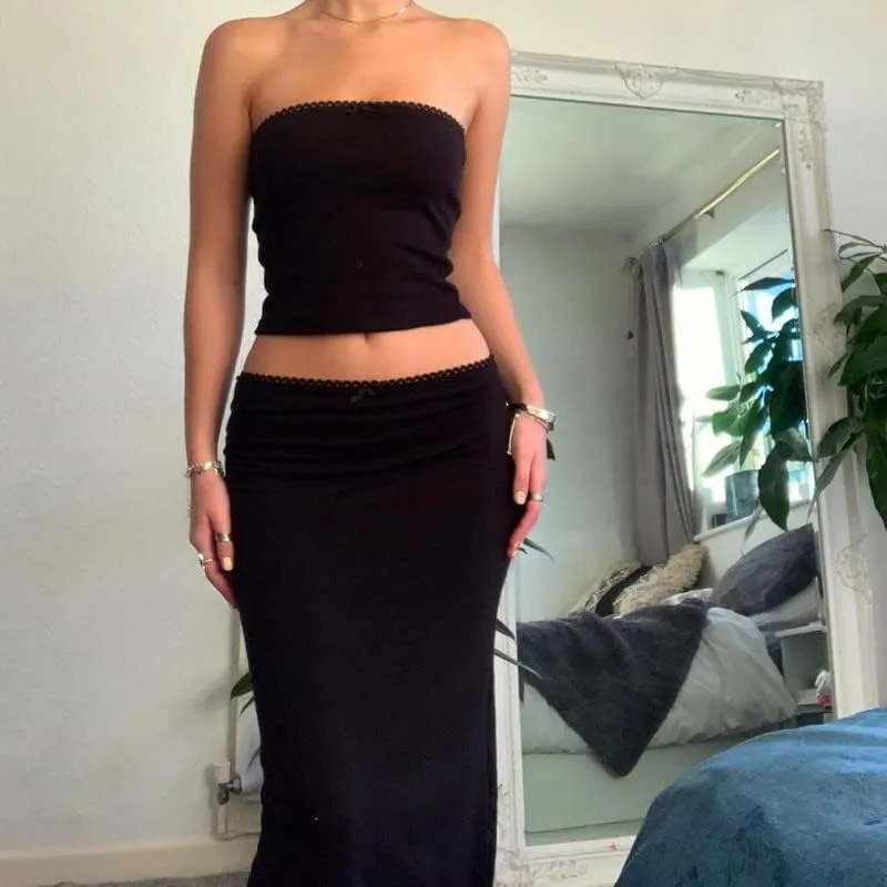 Women Sexy Two Piece Long Skirt Set Y2k Strapless Crop Tube Top Bodycon Maxi Skirt Suit Going Out Outfits Beach Wear