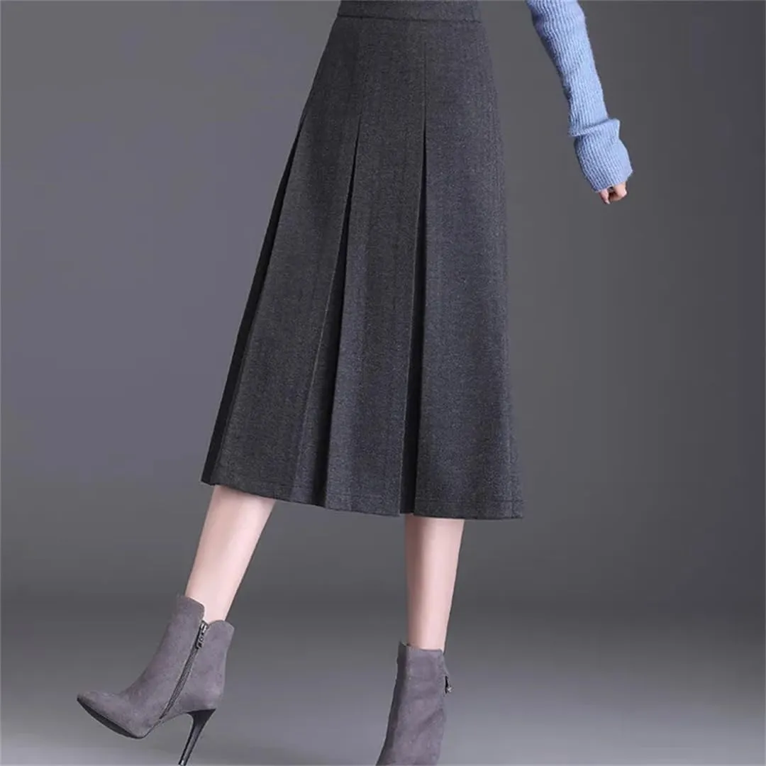 Women Skirt High Waisted A-Line Midi Skirt Folds Pleated Skirt