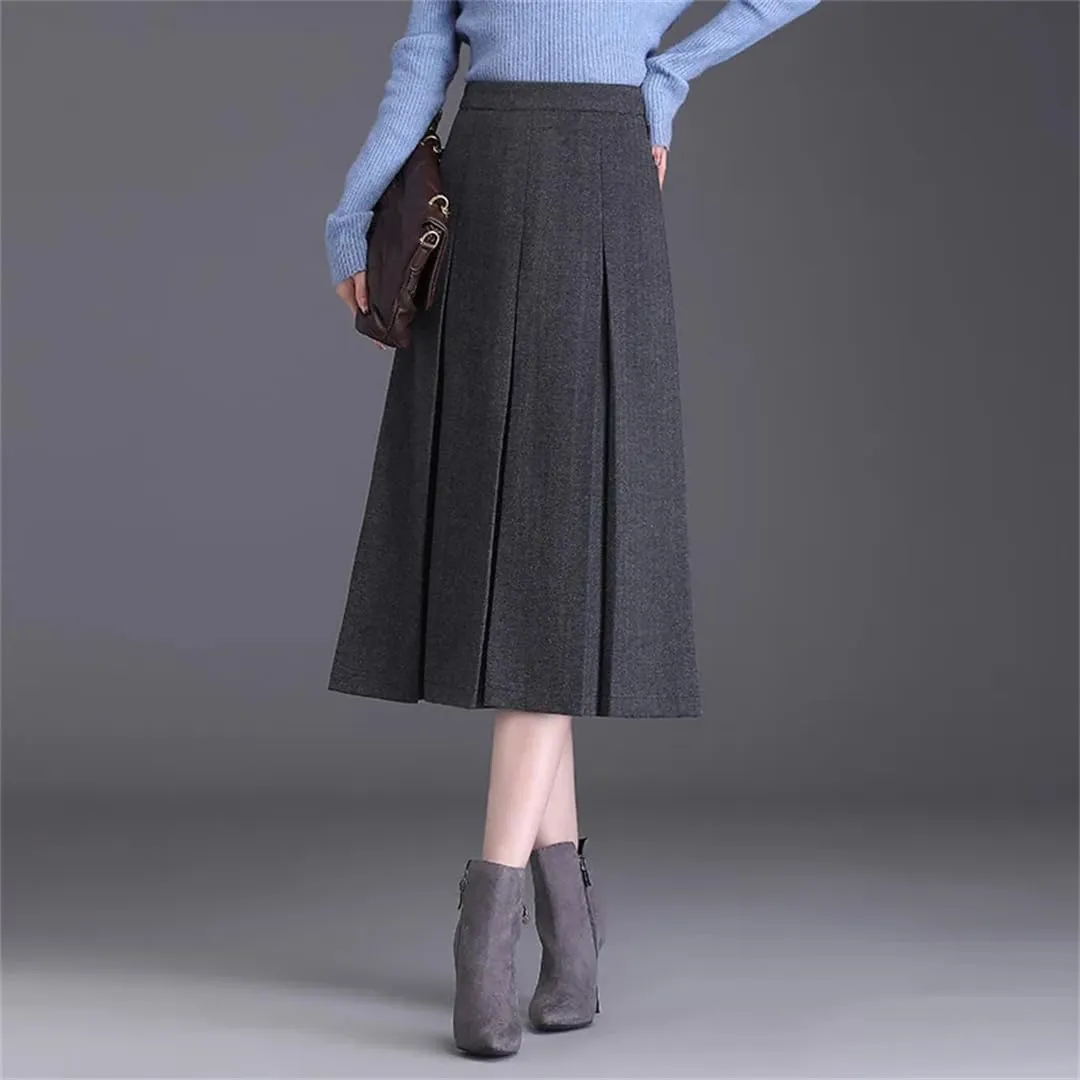 Women Skirt High Waisted A-Line Midi Skirt Folds Pleated Skirt