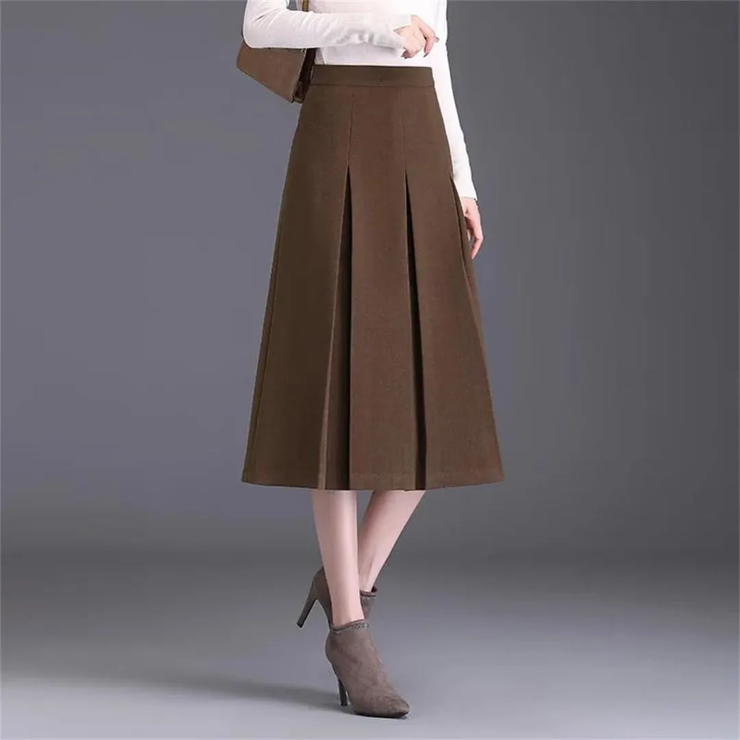 Women Skirt High Waisted A-Line Midi Skirt Folds Pleated Skirt