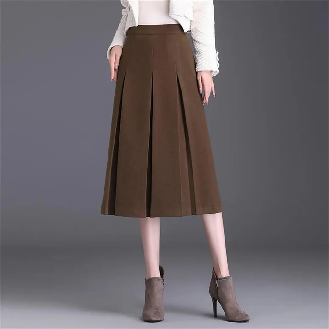 Women Skirt High Waisted A-Line Midi Skirt Folds Pleated Skirt