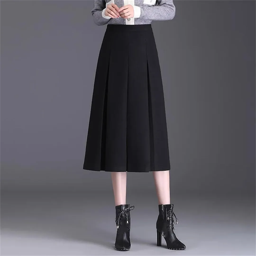 Women Skirt High Waisted A-Line Midi Skirt Folds Pleated Skirt