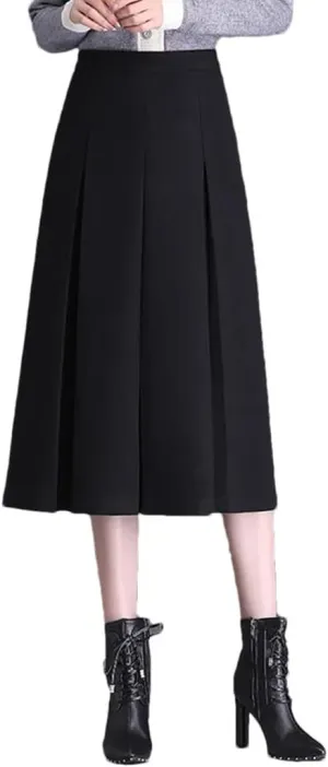 Women Skirt High Waisted A-Line Midi Skirt Folds Pleated Skirt