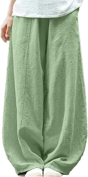 Women Summer 2025 Cotton Linen Bloomers Style Wide Leg Pants Vintage Solid Elasitic Waist Trouser
