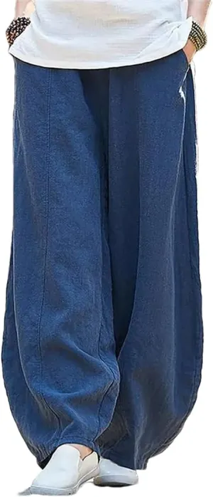 Women Summer 2025 Cotton Linen Bloomers Style Wide Leg Pants Vintage Solid Elasitic Waist Trouser