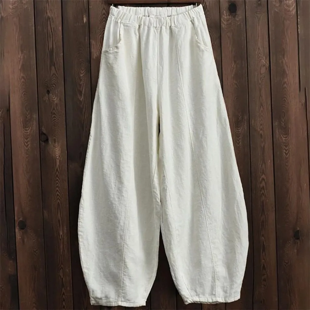 Women Summer 2025 Cotton Linen Bloomers Style Wide Leg Pants Vintage Solid Elasitic Waist Trouser