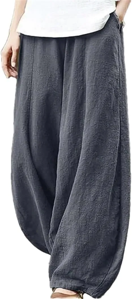 Women Summer 2025 Cotton Linen Bloomers Style Wide Leg Pants Vintage Solid Elasitic Waist Trouser