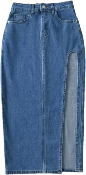 Women Summer Midi Denim Skirts Vintage High Waisted Sexy Side Slits Straight Jeans Skirt