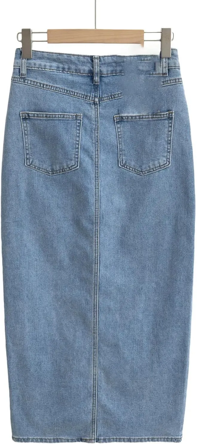 Women Summer Midi Denim Skirts Vintage High Waisted Sexy Side Slits Straight Jeans Skirt