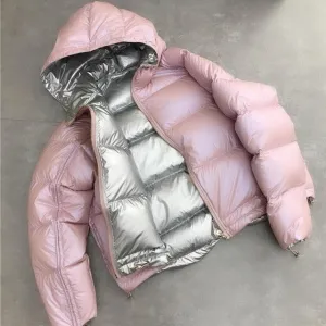 Women Winter Jacket Duck Down Parkas Silver Double Side Coat Big Aritificial Fur Hooded Female Down Oversize