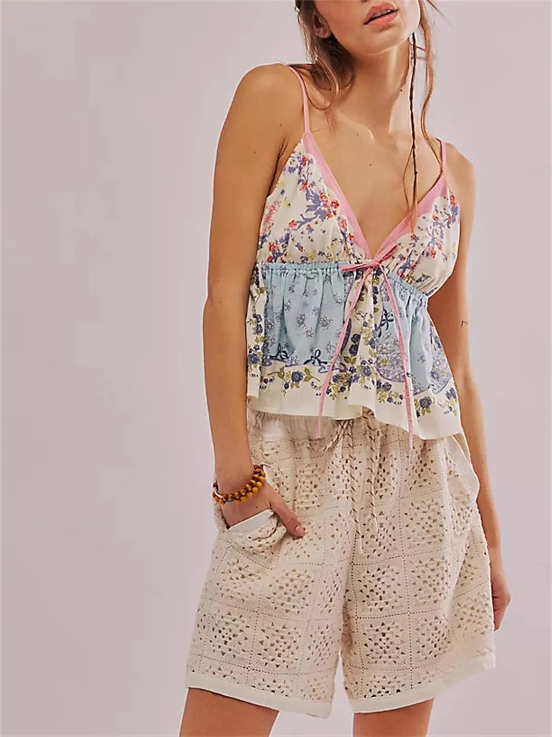 Women Y2K Floral Babydoll Tank Top Cute Spaghetti Strap Bow Tie Crop Camisole Fairycore Night Out Rave Ruffle Outfit
