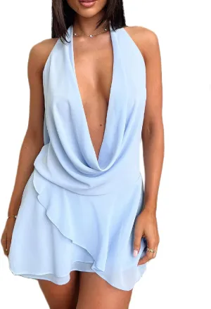 Women Y2K Halter Neck Mini Dress V Neck Floral Going Out Dress Sexy Open Back Satin Bodycon Party Dresses
