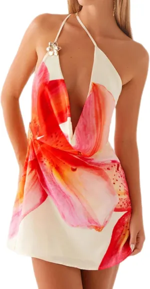 Women Y2K Halter Neck Mini Dress V Neck Floral Going Out Dress Sexy Open Back Satin Bodycon Party Dresses