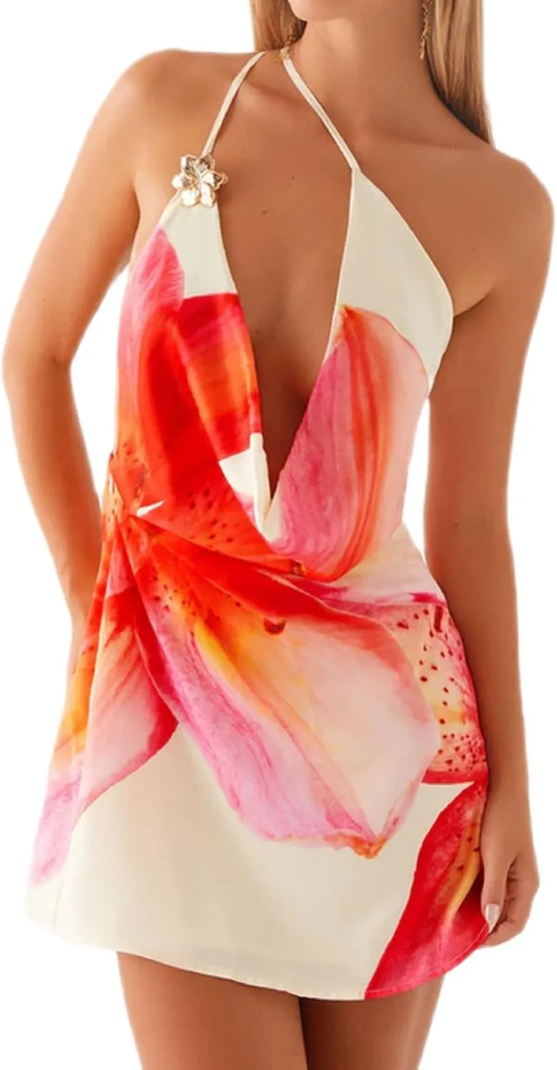 Women Y2K Halter Neck Mini Dress V Neck Floral Going Out Dress Sexy Open Back Satin Bodycon Party Dresses