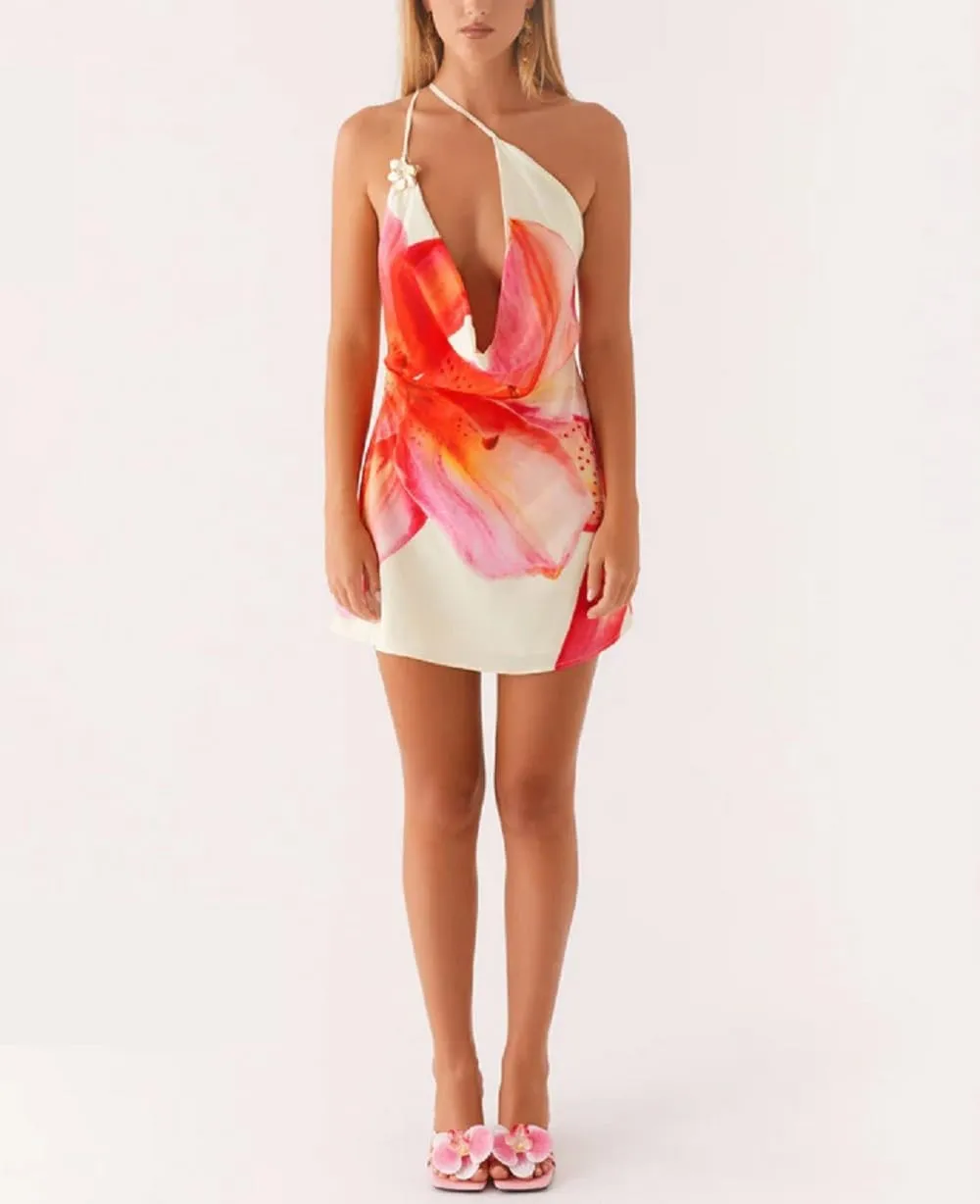 Women Y2K Halter Neck Mini Dress V Neck Floral Going Out Dress Sexy Open Back Satin Bodycon Party Dresses