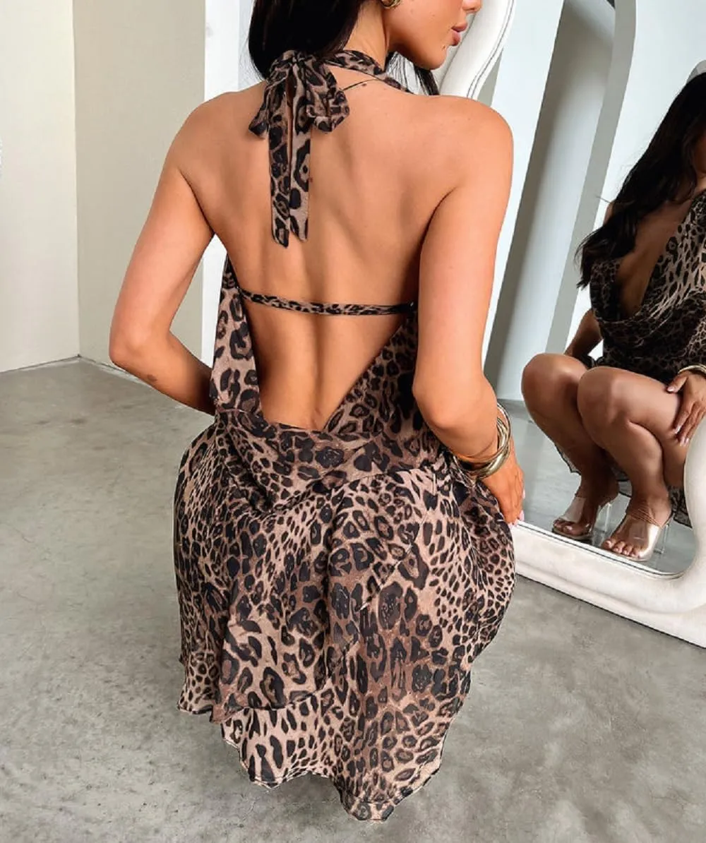 Women Y2K Halter Neck Mini Dress V Neck Floral Going Out Dress Sexy Open Back Satin Bodycon Party Dresses