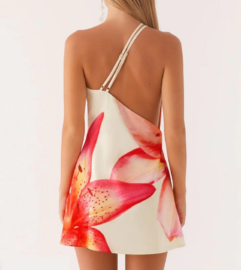 Women Y2K Halter Neck Mini Dress V Neck Floral Going Out Dress Sexy Open Back Satin Bodycon Party Dresses