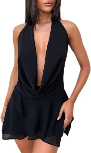 Women Y2K Halter Neck Mini Dress V Neck Floral Going Out Dress Sexy Open Back Satin Bodycon Party Dresses