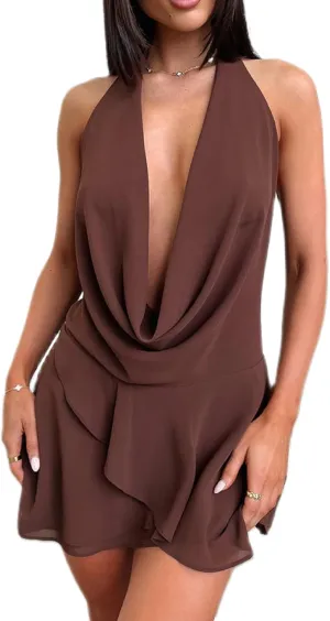 Women Y2K Halter Neck Mini Dress V Neck Floral Going Out Dress Sexy Open Back Satin Bodycon Party Dresses