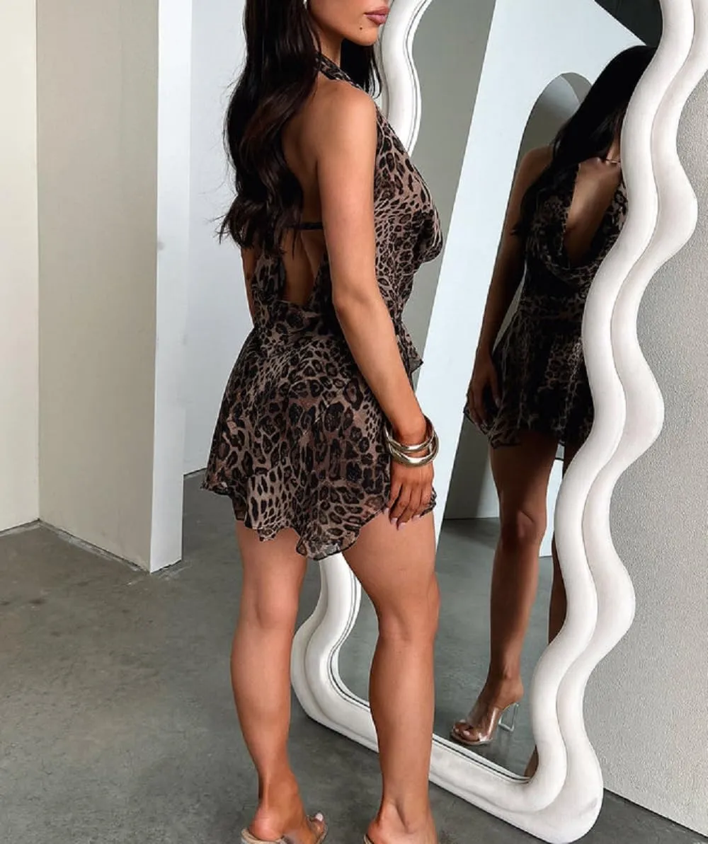 Women Y2K Halter Neck Mini Dress V Neck Floral Going Out Dress Sexy Open Back Satin Bodycon Party Dresses
