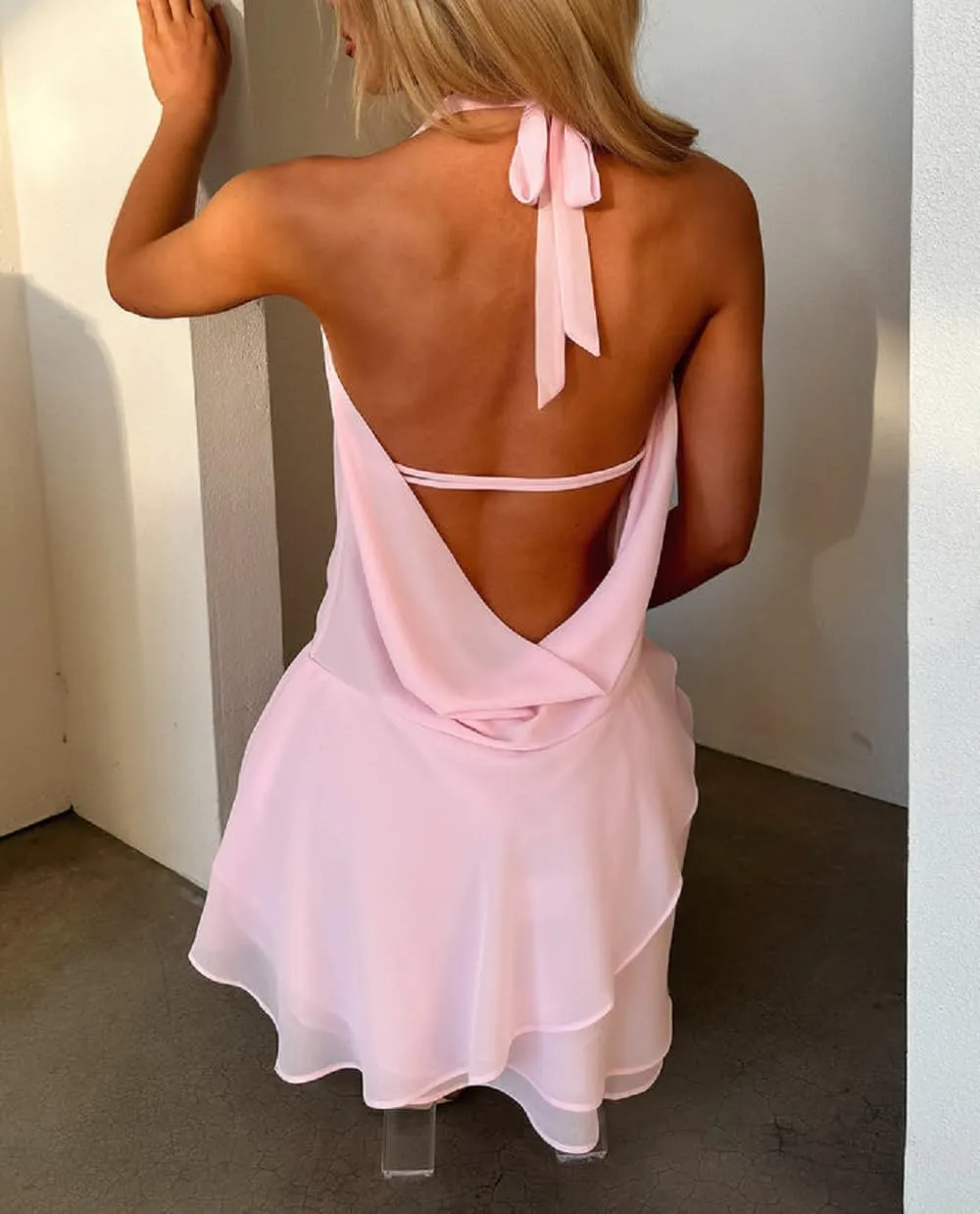 Women Y2K Halter Neck Mini Dress V Neck Floral Going Out Dress Sexy Open Back Satin Bodycon Party Dresses